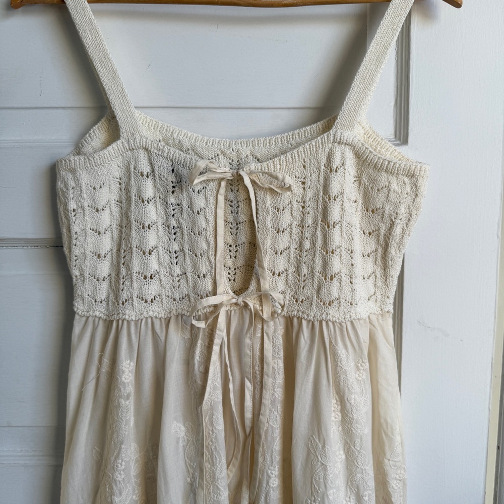 Zara Contrasting Embroidered Knit Dress Cotton Blend Tie Back NWT L Cottagecore - Picture 2 of 13
